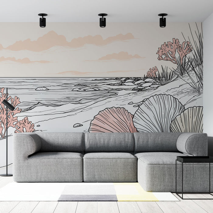 Un salon moderne avec un papier peint illustratif représentant une scène côtière en nuances pastel, évoquant une atmosphère apaisante et naturelle.