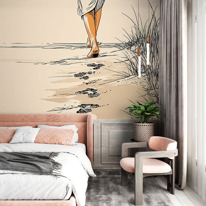 Une chambre élégante avec un papier peint illustrant une silhouette marchant sur la plage, évoquant une ambiance sereine et contemplative.