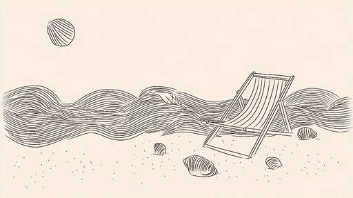 Papier peint plage minimaliste Chaise longue sur le sable avec vagues stylisées