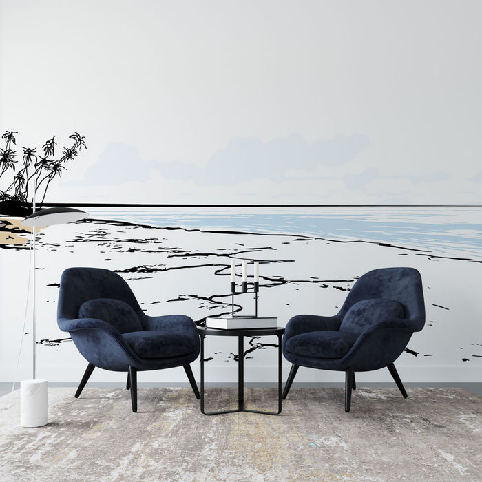 Un salon contemporain avec un papier peint représentant une plage stylisée en noir et blanc, évoquant une atmosphère apaisante et minimaliste.