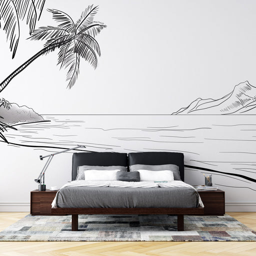 Une chambre moderne avec un papier peint représentant des palmiers et un paysage marin en noir et blanc, créant une ambiance apaisante et minimaliste.