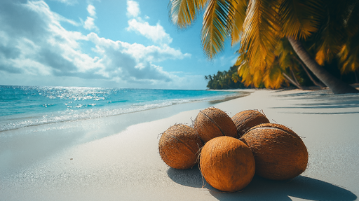 Papier peint plage Noix de coco sur une plage de sable blanc ensoleillée