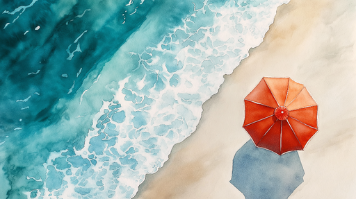 Papier peint plage Ombrelle rouge sur un sable doré et océan turquoise