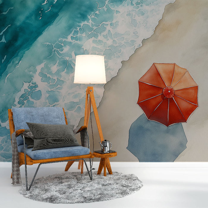 Un salon contemporain avec un papier peint aquarelle représentant une plage, des vagues turquoise et un parasol rouge, créant une atmosphère estivale et relaxante.