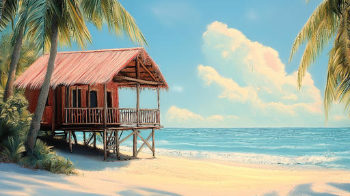 Papier peint plage paradisiaque Maison sur pilotis au bord de l'eau avec palmiers