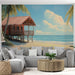 Un salon lumineux avec un papier peint représentant une maison en bois surplombant une plage, évoquant une atmosphère tropicale et relaxante.