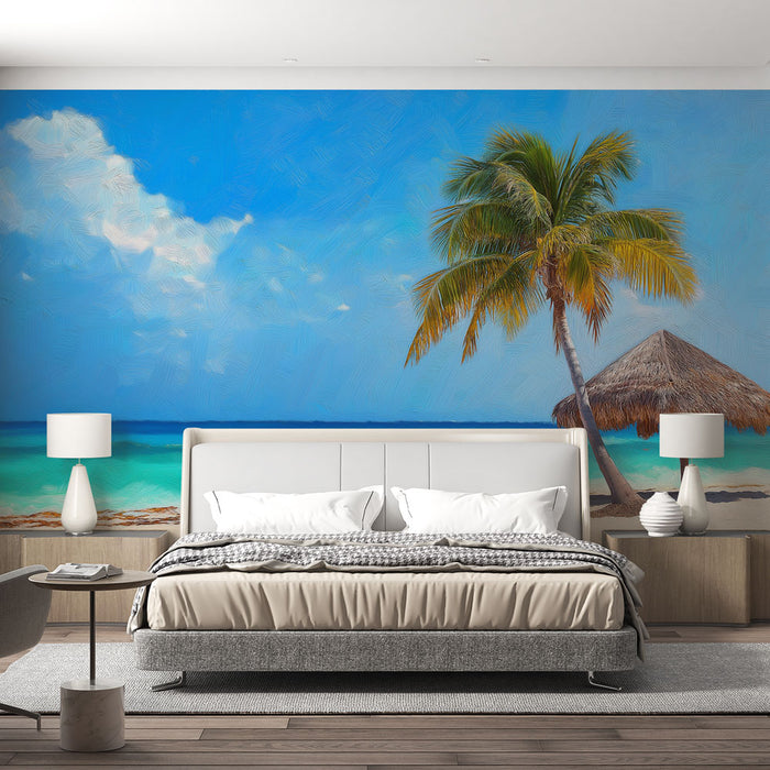 Une chambre moderne avec un papier peint représentant une plage ensoleillée, palmier et ciel bleu, créant une atmosphère relaxante et estivale.