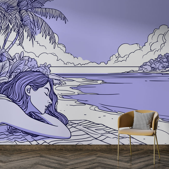 Une pièce moderne avec un papier peint illustratif représentant une femme allongée sur la plage, dans des teintes violettes apaisantes évoquant une ambiance relaxante et artistique.