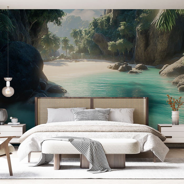 Papier peint plage paradisiaque avec scène tropicale, eaux turquoise et rochers pour chambre moderne.