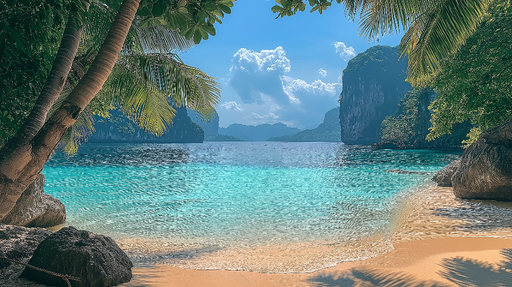 Papier peint plage paradisiaque Scène tropicale avec sable fin et eaux turquoise