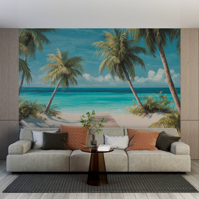 Un salon moderne avec un papier peint tropical représentant une plage ensoleillée, des palmiers et des eaux turquoise, créant une ambiance relaxante et estivale.