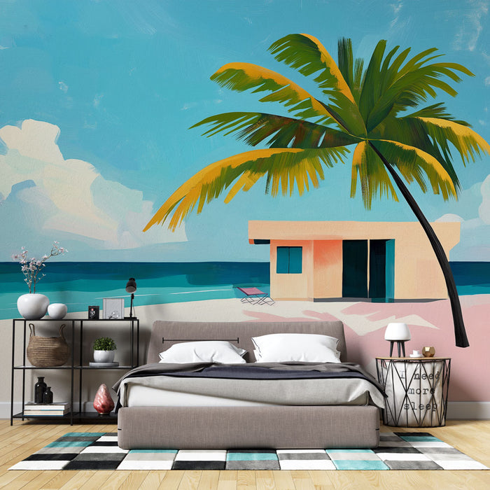 Une chambre moderne avec un papier peint mural représentant une scène tropicale colorée, évoquant des vacances relaxantes au bord de la mer.