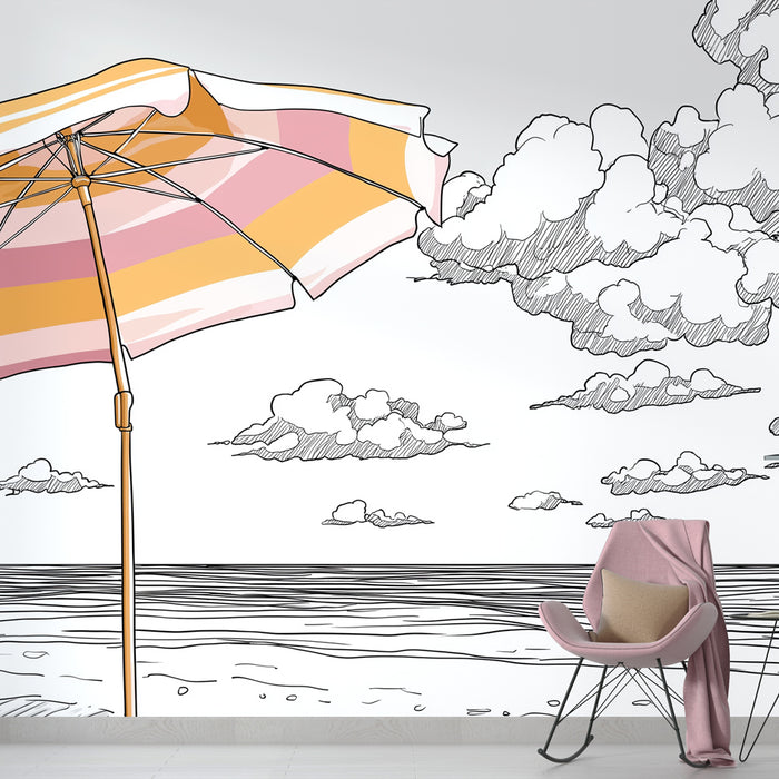 Une chambre lumineuse avec un papier peint illustratif représentant un parasol rayé rose et orange sur fond de mer et de nuages, évoquant une ambiance estivale et relaxante.
