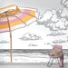 Une chambre lumineuse avec un papier peint illustratif représentant un parasol rayé rose et orange sur fond de mer et de nuages, évoquant une ambiance estivale et relaxante.