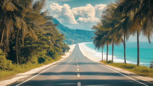 Papier peint plage Route côtière entre palmiers et mer bleu turquoise