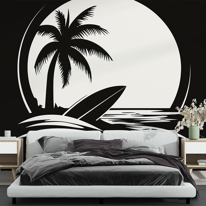Papier peint plage | Scène de plage minimaliste avec palmier et vague