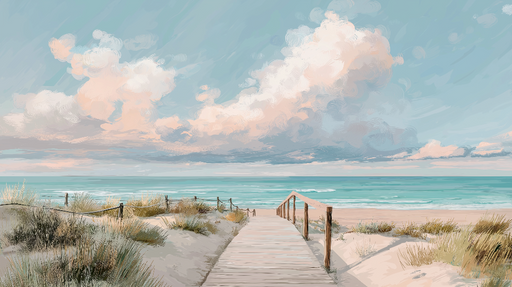 Papier peint plage Sentier de bois menant à une plage sereine sous un ciel nuageux