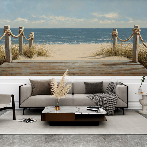 Une pièce moderne avec un papier peint représentant une vue apaisante sur la plage, évoquant la mer et le sable sous un ciel clair.