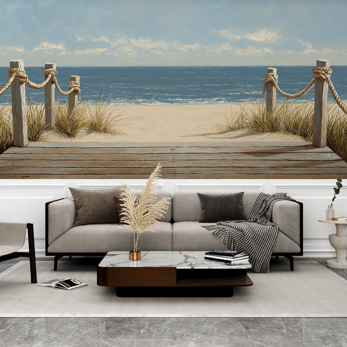 Une pièce moderne avec un papier peint représentant une vue apaisante sur la plage, évoquant la mer et le sable sous un ciel clair.