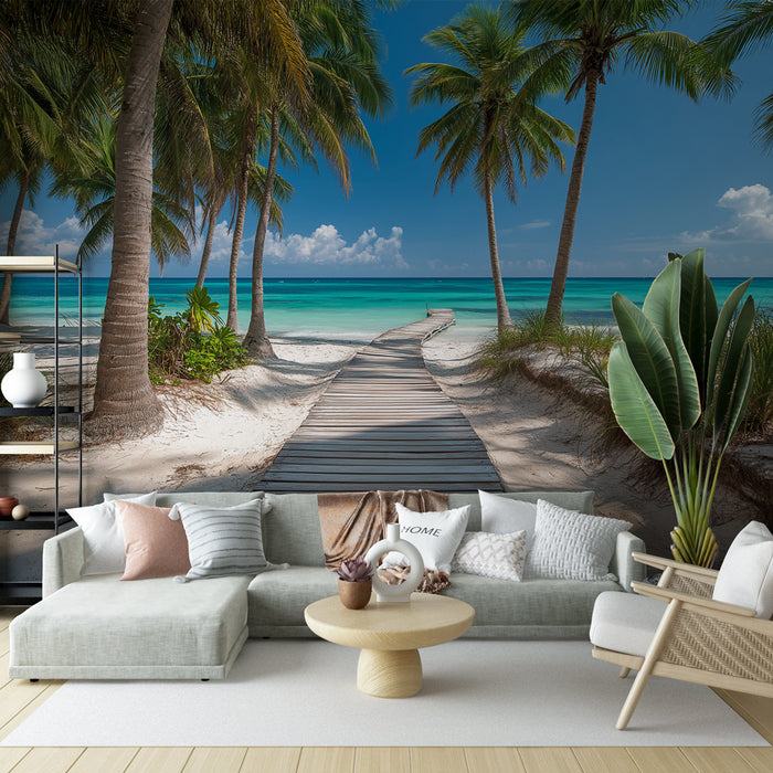 Un salon lumineux avec un papier peint représentant une plage paradisiaque, des palmiers et un chemin en bois menant à une mer turquoise, créant une ambiance relaxante et estivale.