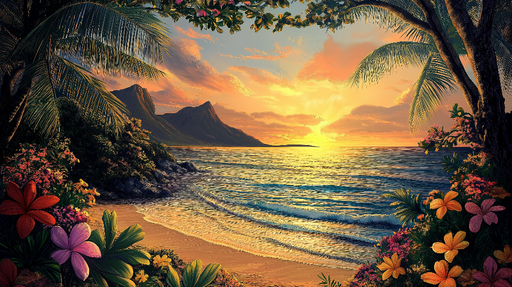 Papier peint plage tropicale Coucher de soleil enchantant avec fleurs colorées