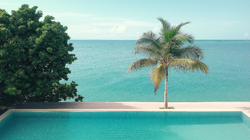 Papier peint plage tropicale Palmiers majestueux avec vue sur l'océan turquoise