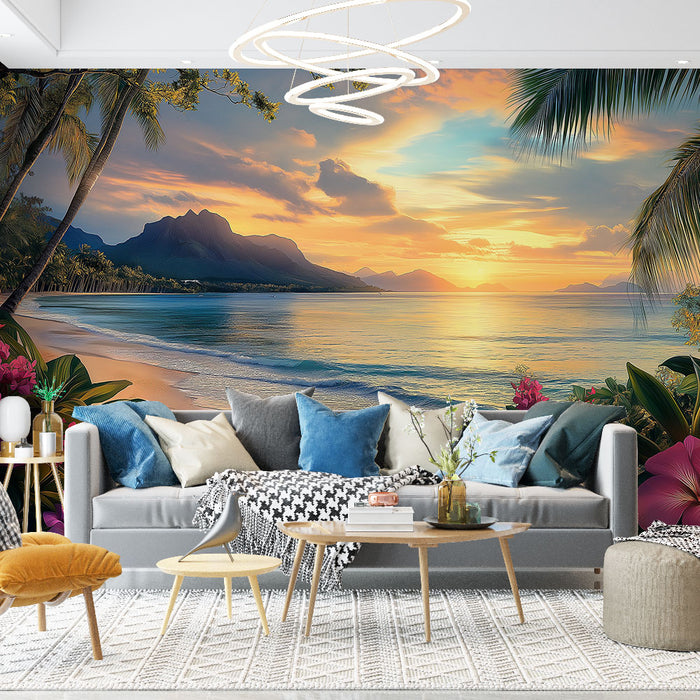 Papier peint plage tropicale | Paysage enchanteur au coucher de soleil