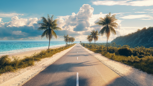 Papier peint plage tropicale Route ensoleillée bordée de palmiers et océan bleu