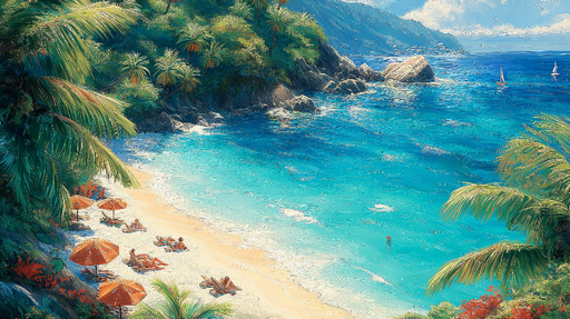 Papier peint plage tropicale Scène idyllique avec sable fin et palmiers luxueux