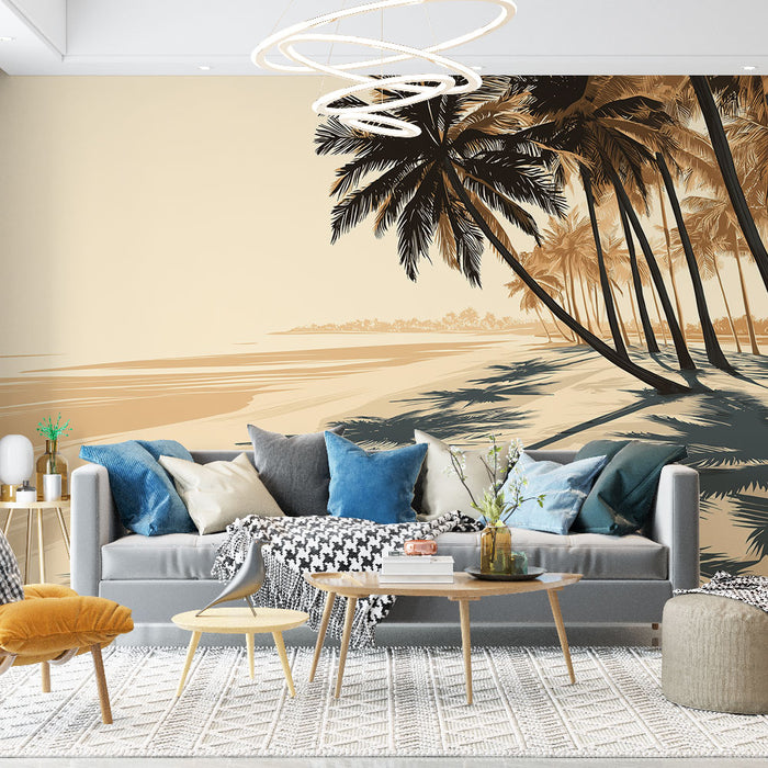 Un salon moderne avec un papier peint représentant des palmiers stylisés sur fond beige, créant une ambiance sereine et tropicale.