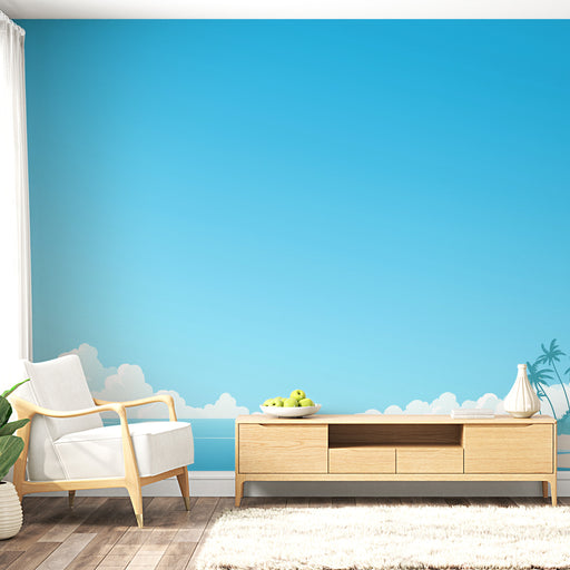 Une pièce lumineuse avec un papier peint représentant un ciel bleu dégradé, agrémenté de nuages et de palmiers, évoquant une ambiance estivale et relaxante.