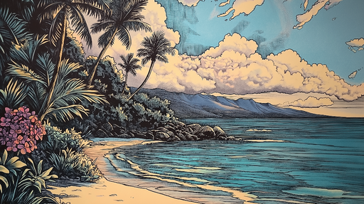 Papier peint plage tropicale Une fresque colorée de paysage côtier