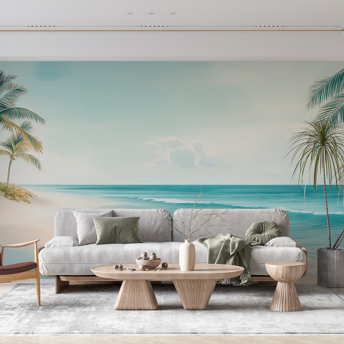 Un salon moderne avec un papier peint représentant une plage tropicale apaisante, des palmiers et des eaux turquoise évoquant une ambiance relaxante et estivale.