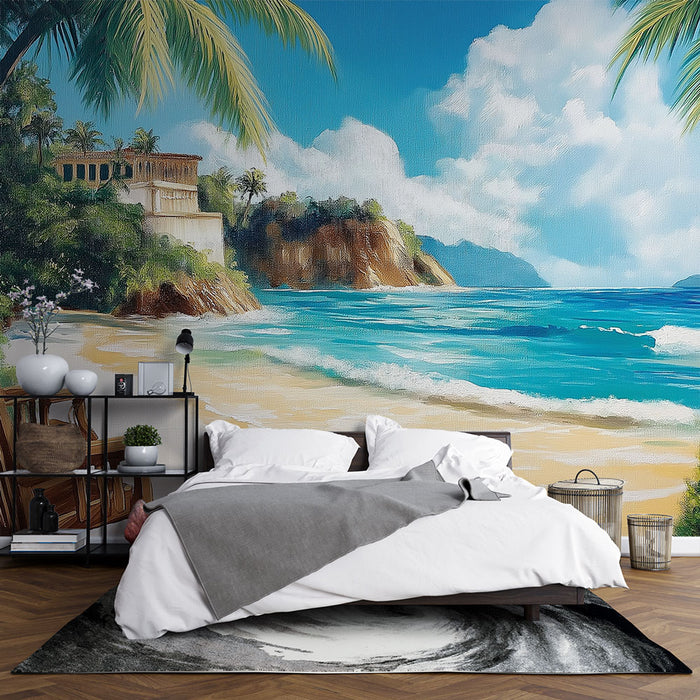 Une chambre accueillante avec un papier peint représentant une plage tropicale ensoleillée, évoquant une ambiance relaxante et estivale.