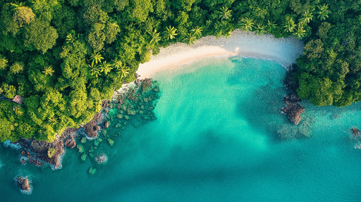 Papier peint plage tropicale Vue aérienne d'une plage tranquille entourée de verdure luxuriante
