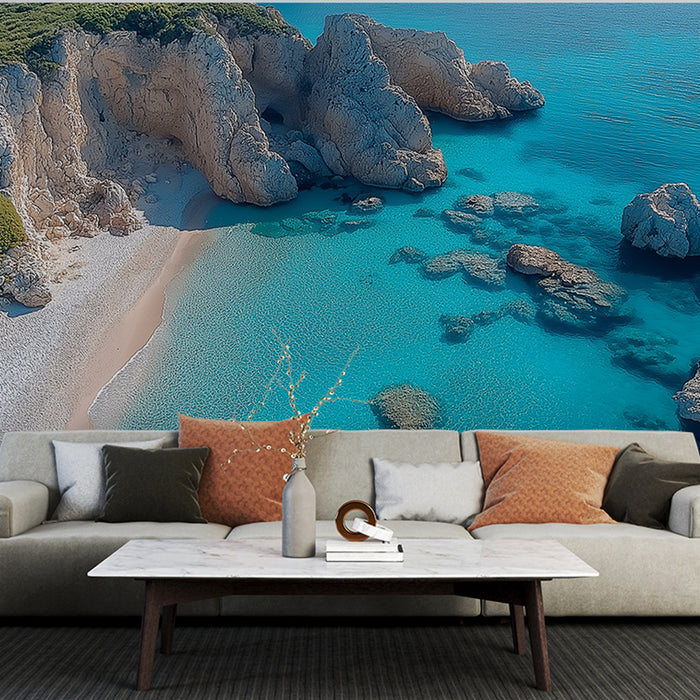 Papier peint plage turquoise | Criques et rochers sous un ciel bleu