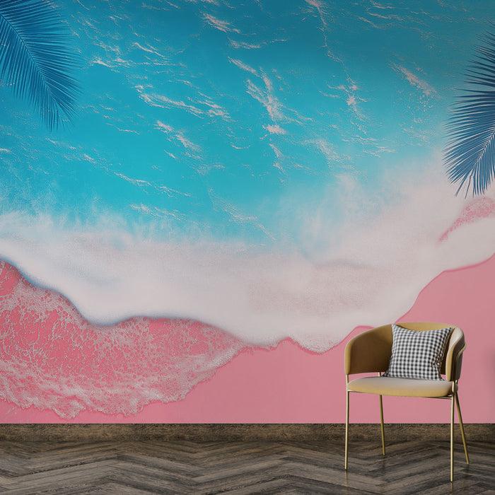 Une pièce moderne avec un papier peint évoquant une plage tropicale, mêlant des teintes de bleu et de rose, créant une ambiance estivale et relaxante.