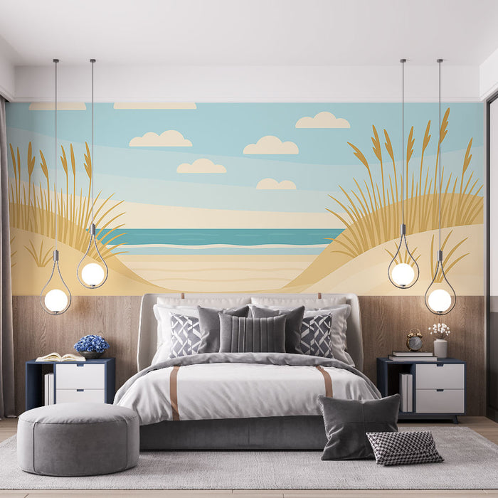 Une chambre moderne avec un papier peint représentant une plage stylisée aux teintes douces de bleu et beige, évoquant une ambiance sereine et apaisante.