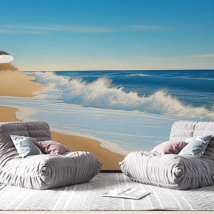 Une pièce moderne avec un papier peint représentant une plage ensoleillée, mêlant des teintes de bleu et de beige pour une ambiance sereine et relaxante.