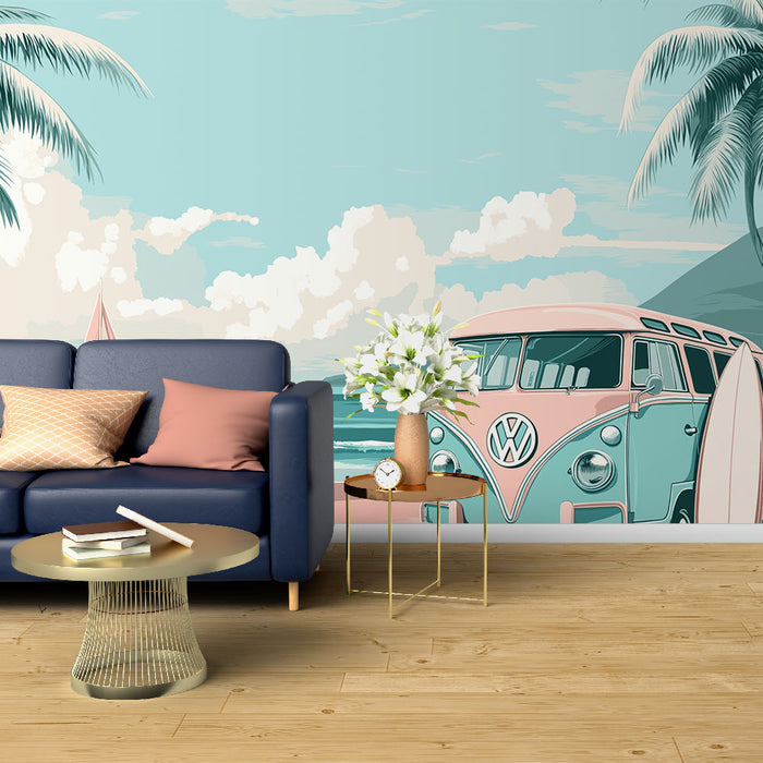 Papier peint plage | Volkswagen vintage sur fond de plage tropicale