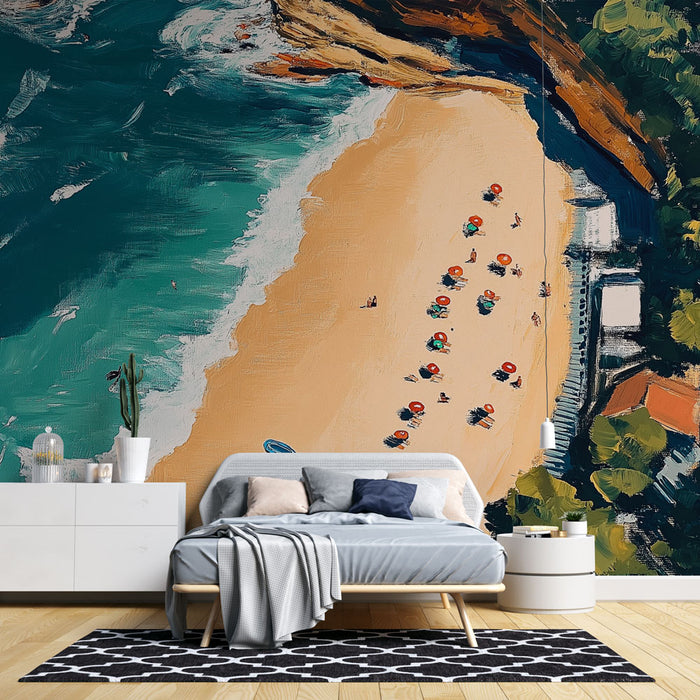 Une chambre moderne avec un papier peint représentant une plage animée, aux teintes chaudes et aux motifs colorés évoquant des vacances estivales et une ambiance joyeuse.