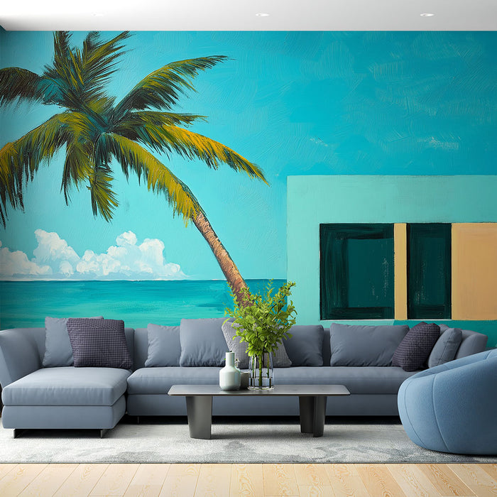 Un salon moderne avec un papier peint tropical représentant un palmier sur fond bleu vif évoquant une atmosphère estivale et relaxante.