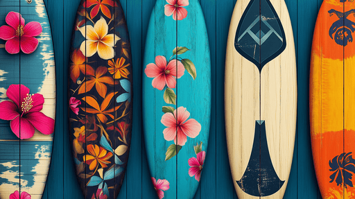 Papier peint planches de surf Planches de surf colorées ornées de motifs floraux tropicals