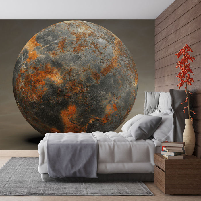 Papier peint planète texturée avec nuances de noir et orange pour chambre moderne