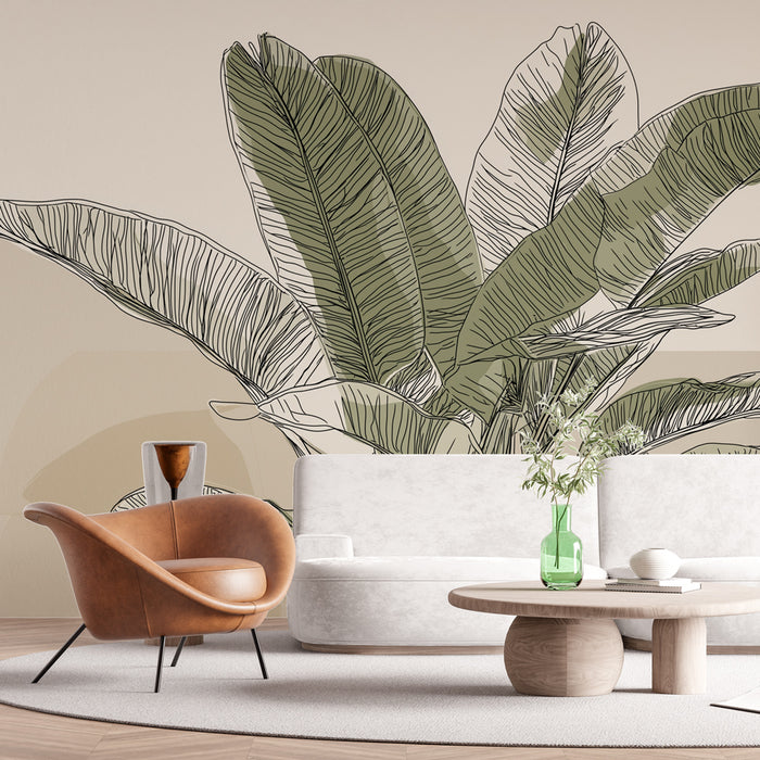 Une pièce moderne avec un papier peint représentant de grandes feuilles de bananier en contours noirs sur un fond beige, créant une ambiance naturelle et apaisante.