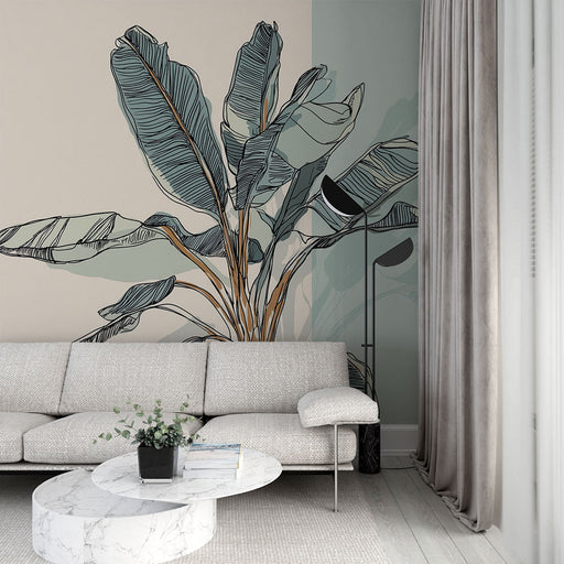 Un salon moderne avec un papier peint illustrant de grandes feuilles tropicales aux teintes douces et aux contours délicats, créant une atmosphère apaisante et naturelle.