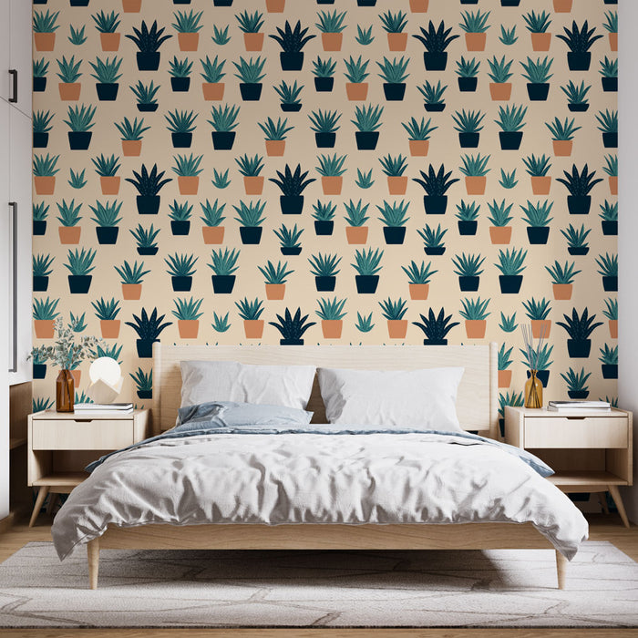 Une chambre moderne avec un papier peint aux motifs de plantes en pots, mêlant des teintes vertes et terracotta sur fond clair, créant une ambiance chaleureuse et naturelle.