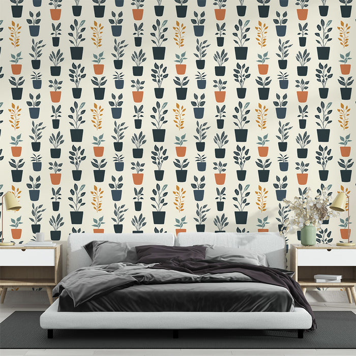 Une chambre moderne avec un papier peint illustrant des pots de fleurs aux motifs stylisés dans des teintes de bleu, orange et beige, créant une ambiance chaleureuse et accueillante.