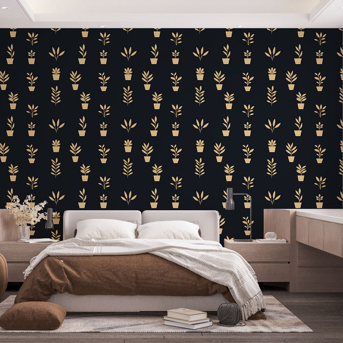 Une chambre moderne avec un papier peint noir orné de motifs dorés de plantes en pots, créant une ambiance élégante et chaleureuse.