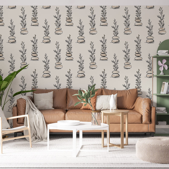Un salon chaleureux avec un papier peint illustrant des plantes stylisées en noir sur fond clair, créant une atmosphère apaisante et naturelle.